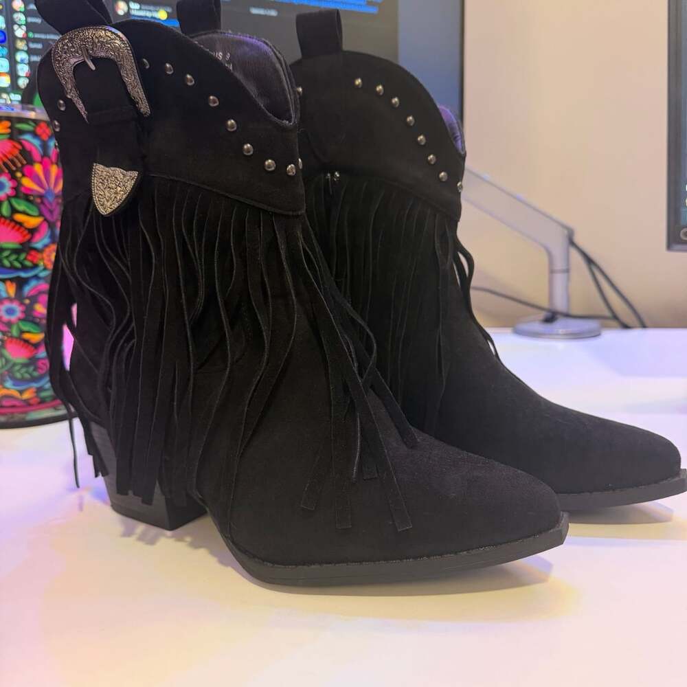 Black Suede Western Fringe Cowboy Boots With Studs Size 9